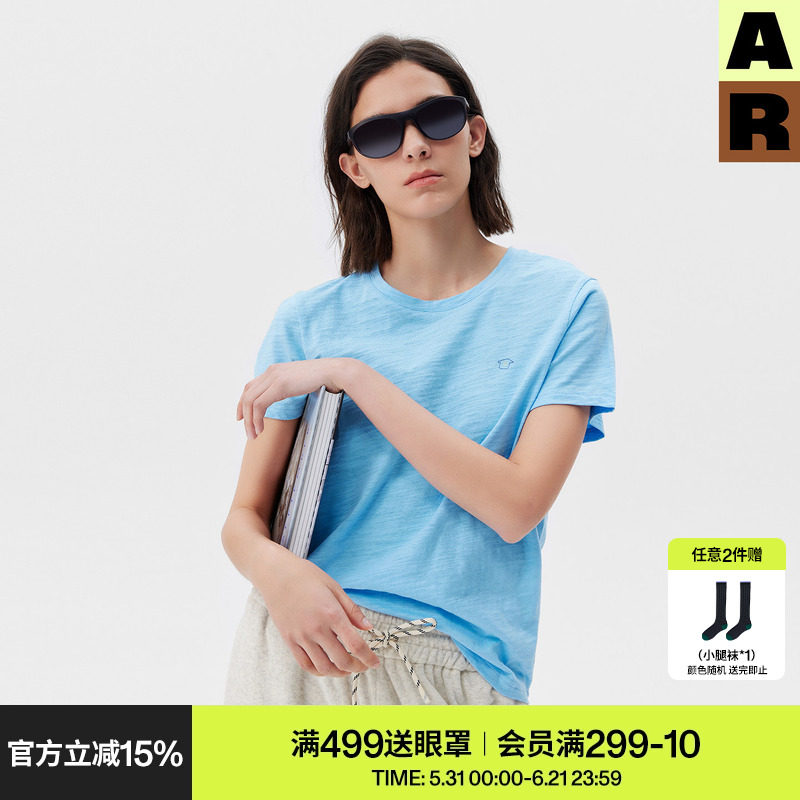 AR「softnotes」竹节棉短袖女装纯棉t恤夏季纯色圆领宽松上衣小众