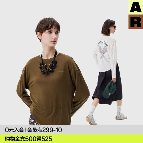 AR天丝亚麻网球印花长袖T恤上衣女夏季薄款清凉宽松休闲圆领罩衫
