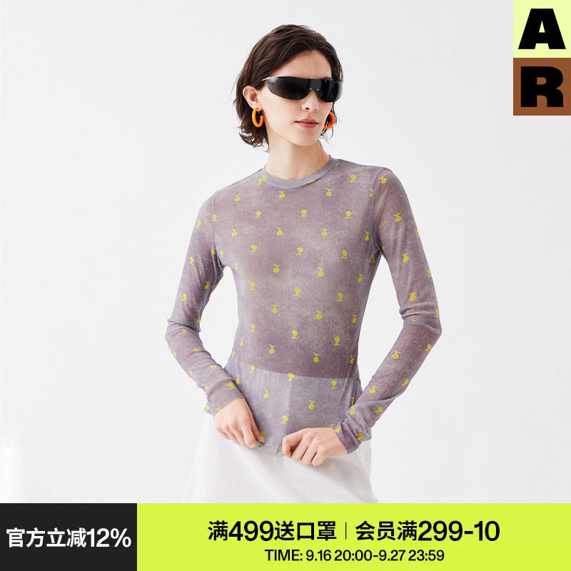 AR原创印花网纱打底衫长袖t恤上衣女装夏修身显瘦可外穿罩衫薄款图片