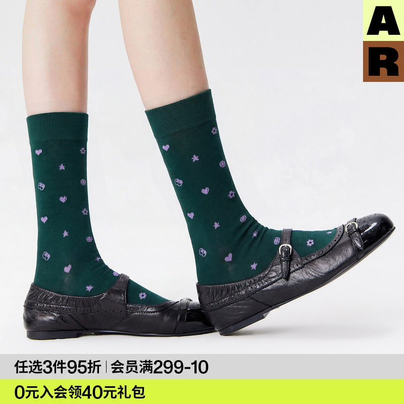 AR袜子女款夏季薄款绿色emoji元素中筒袜百搭显瘦堆堆袜艺术生袜