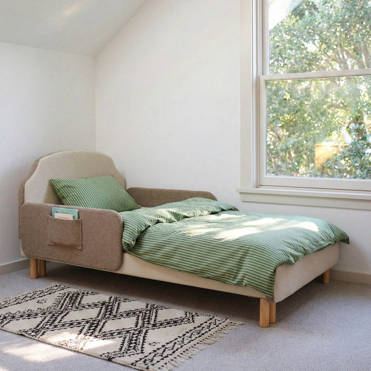 漫象 伸缩床实木儿童床齐边榉木小户型男孩女孩儿童房带护栏软包