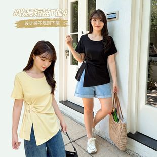 上衣 夏季 扭结开叉t恤女大码 女装 韩系收腰正肩设计感纯色圆领短袖