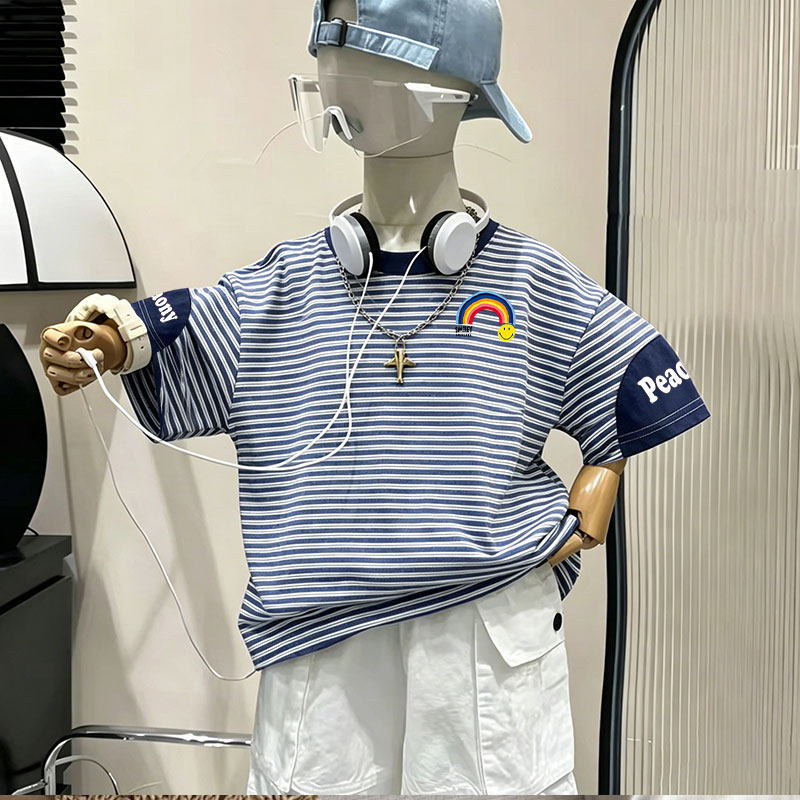 洋气时尚条纹男童宽松短袖T恤修身显瘦圆领韩版可爱休闲印花上衣
