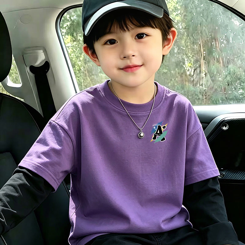 春秋新款假两件中小童帅气外穿上衣纯棉男童休闲百搭打底长袖t恤