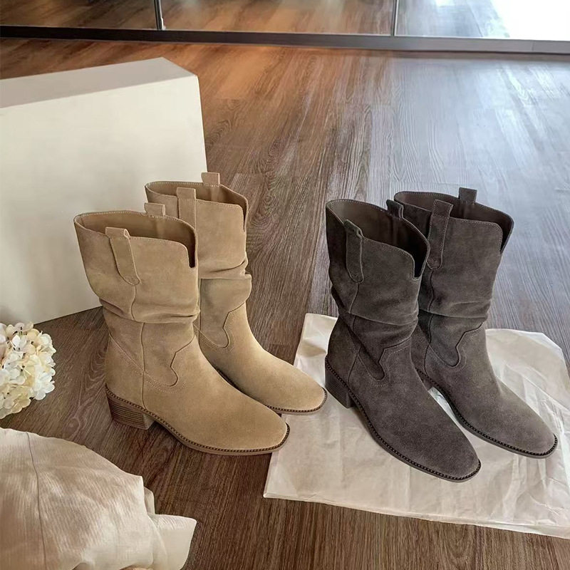 葡萄妈studiolee增高8cm~V口粗跟厚底加绒大筒围堆堆短靴女秋冬季