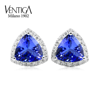 Ventiga梵蒂加 18K白金三角形天然坦桑石耳钉围钻 彩色宝石耳环女