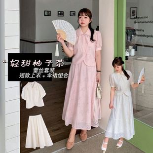 女装 新中式 k2706大码 夏款 国风两件套装 蕾丝上衣裙子微胖妹妹套装