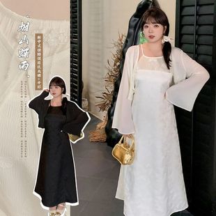Y893轩辰微胖女胖MM新中式 改良版 国风旗袍挂脖提花连衣裙开衫 套装