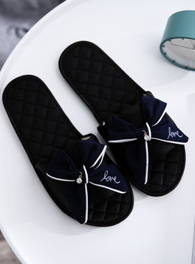 黑色绸缎宫廷风日式亚麻拖鞋家居女仙女外穿格子少女心菱格蝴蝶结