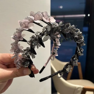 重工倒插梳水晶发箍高级感手工串珠水钻花朵头箍高颅顶百搭发饰