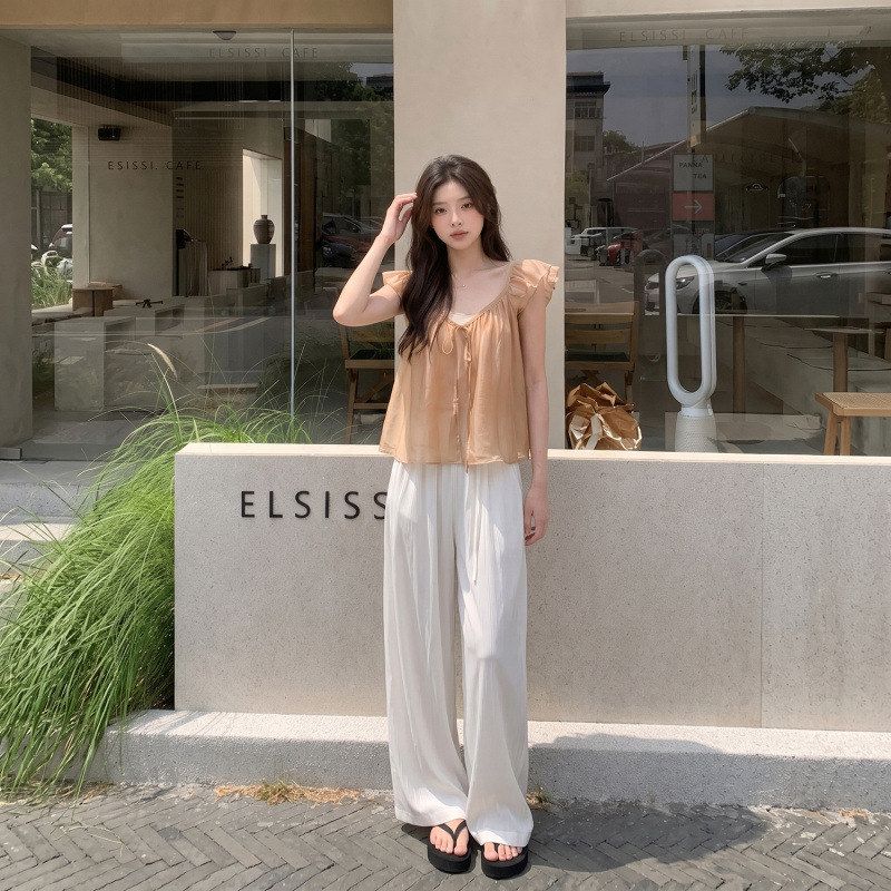 欧阳喜su净蜜橘叠穿吊带背心两件套女夏季宽松小飞袖小衫上衣