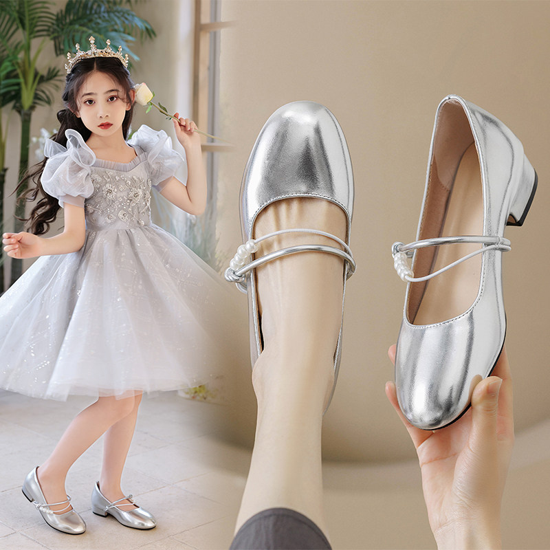 女童公主鞋金色皮鞋小女孩银色礼服单鞋中大童演出软底儿童高跟鞋