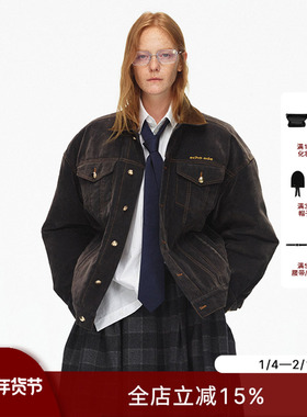 ECHOADE时髦保暖 撞色翻领设计植绒牛仔绗棉猎装夹克外套