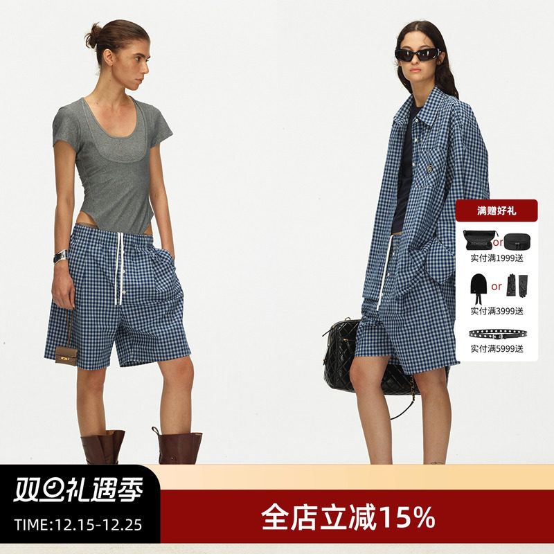 ECHOADE格纹落肩衬衫中裤套装