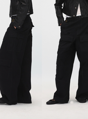 ECHOADE时髦酷感 甄选100%棉水洗做旧破坏工艺阔腿工装裤休闲长裤