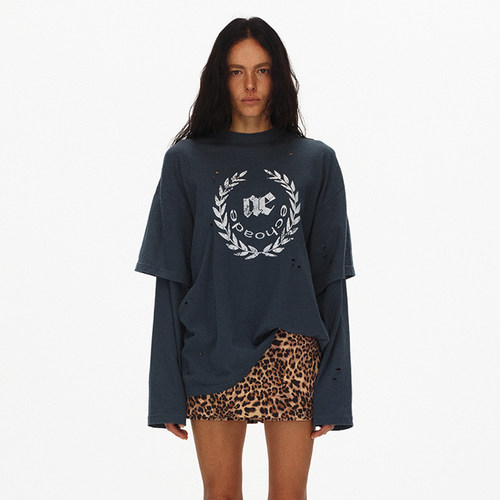 ECHOADE软糯垂坠 水洗做旧斑驳印花拼接双袖设计破洞长袖印花T恤