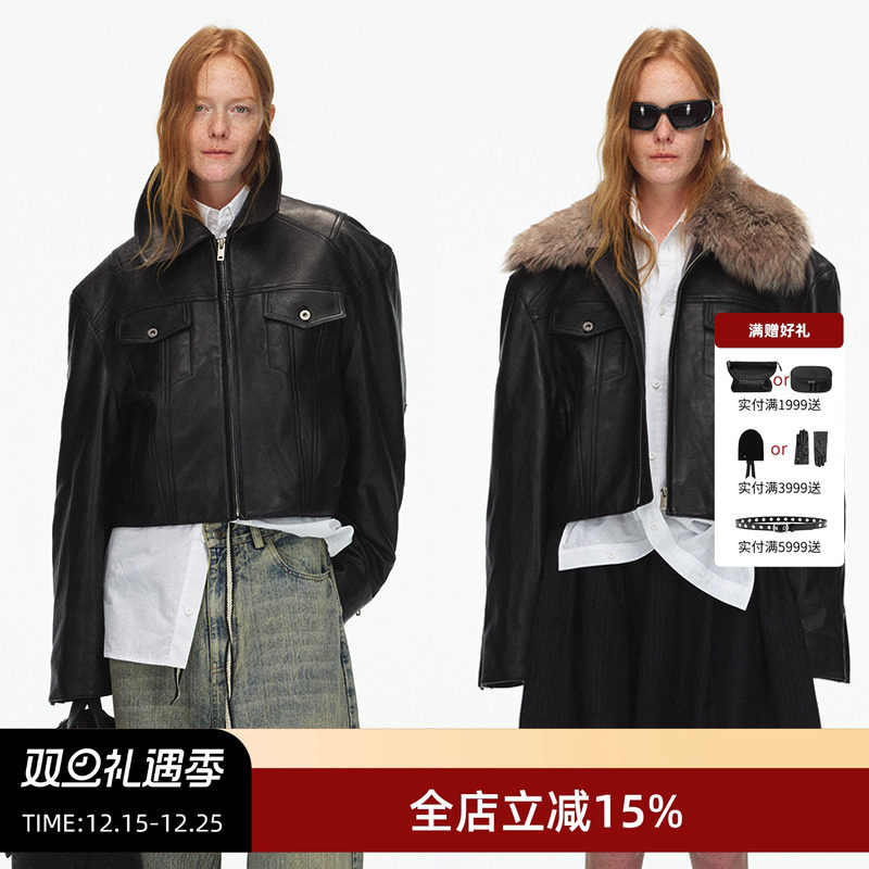 ECHOADE过冬毛领夹棉皮夹克外套