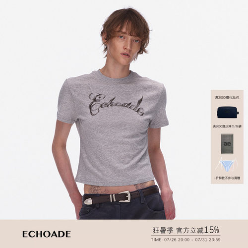 ECHOADE轻薄柔软经典小圆领利落短款正肩版型手绘logo印花短袖T恤