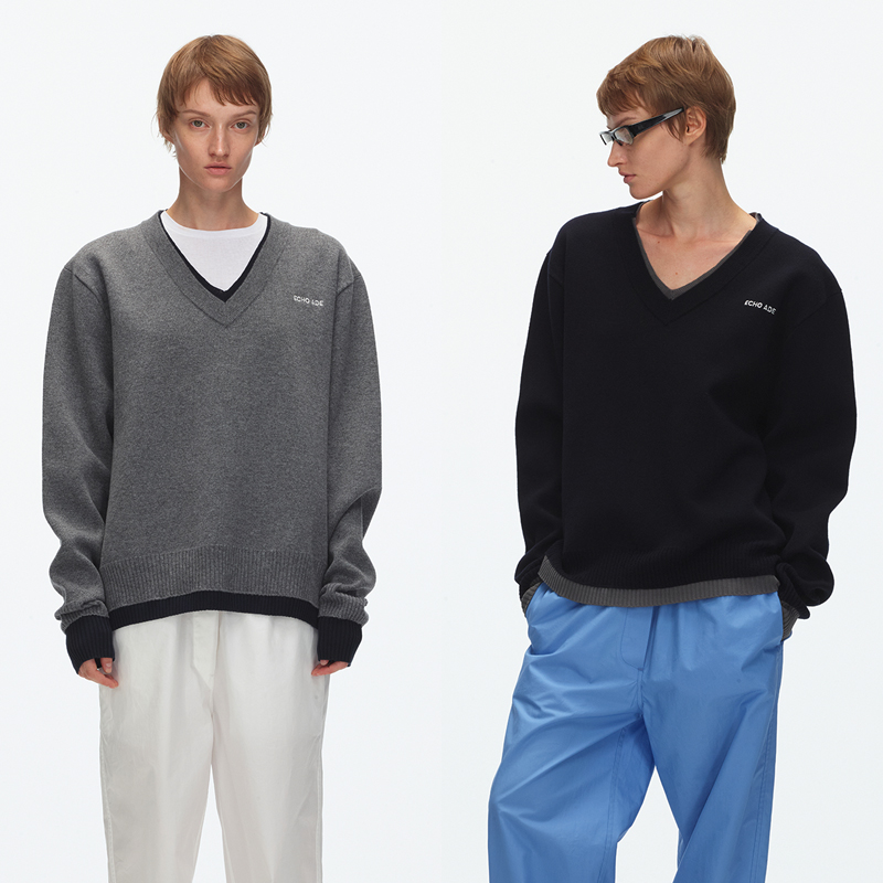 ECHOADE撞色嵌花V领针织毛衣