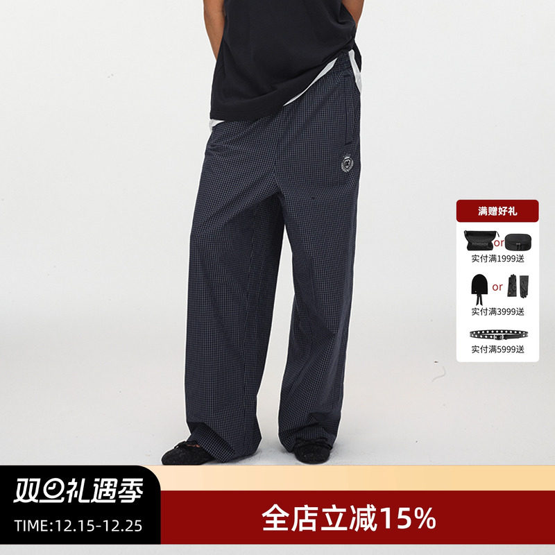 ECHOADE松紧腰设计格纹休闲长裤