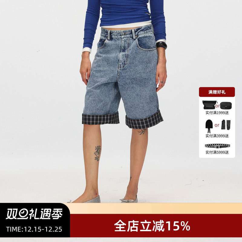 ECHOADE拼接格纹直筒阔腿牛仔裤