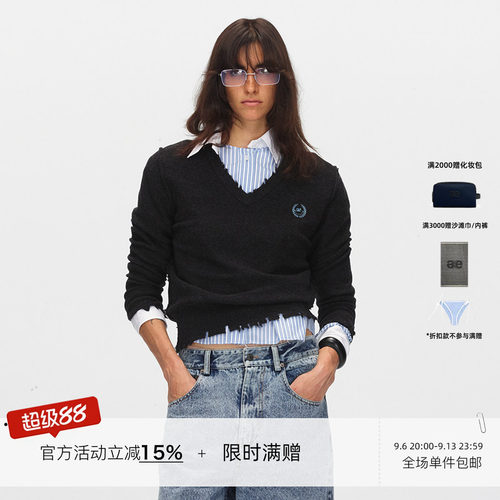 ECHOADE破洞V领落肩设计针织衫