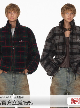 ECHOADE松弛慵懒 经典时髦格纹配色 刺绣徽标宽松摇粒绒夹克外套