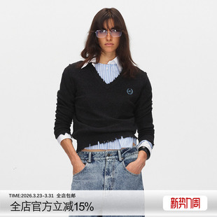 ECHOADE柔软舒适 精选100%绵羊毛logo刺绣破洞V领落肩设计针织衫