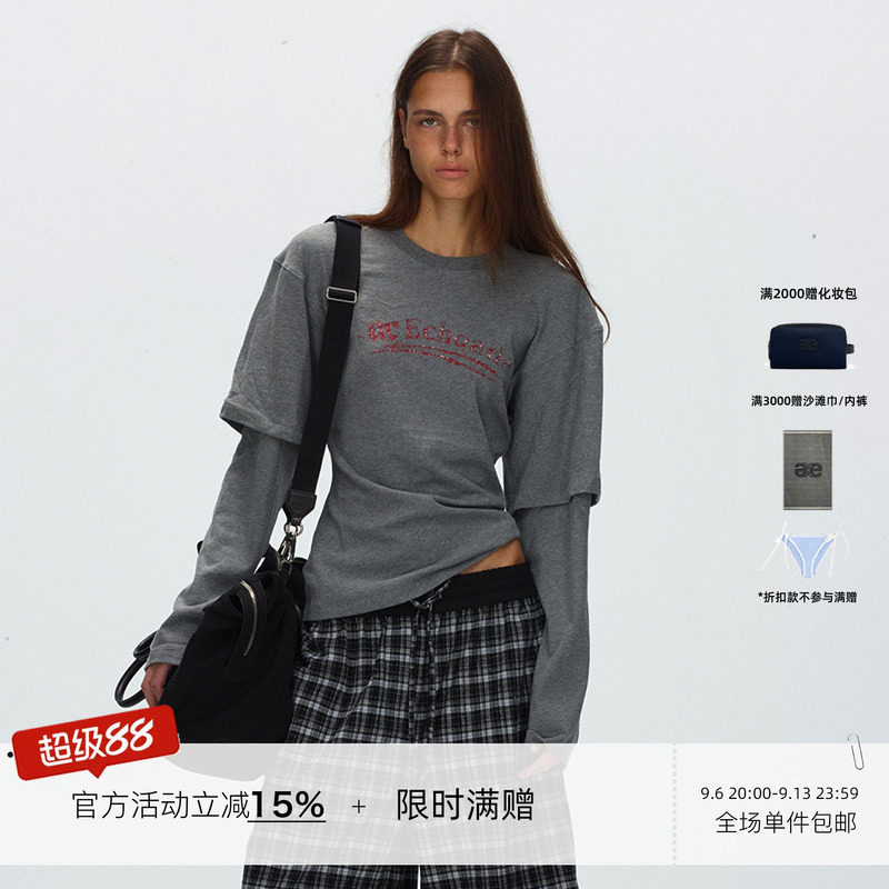 ECHOADE 轻薄亲肤 经典小圆领复古字母印花收腰假两件长袖T恤图片