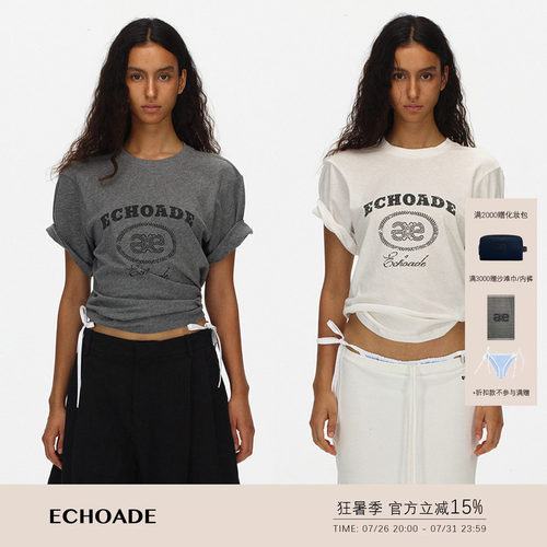 ECHOADE软糯亲肤 轻薄棉麻圆领短袖T恤复古印花正肩短款上衣