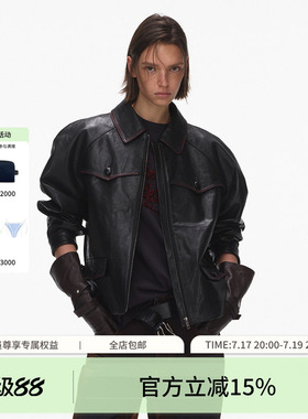 ECHOADE复古摩登翻领设计精致外套  黑色擦色酷感皮夹克