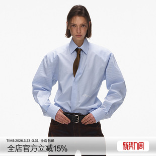 女早春高级感设计衬衣 衬衫 ECHOADE可拆卸垫肩收腰修身 蓝条纹长袖