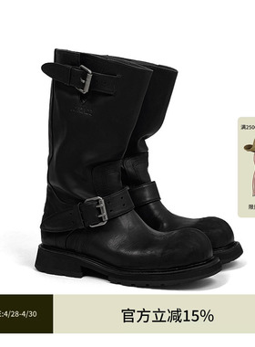 ECHOADE复古时髦 做旧成色处理 宽厚大圆头设计牛皮中筒靴子