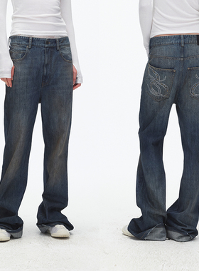 ECHOADE经典复古 挺阔有型水洗做旧做脏褪色效果中低腰喇叭牛仔裤