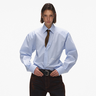 衬衫 女早春高级感设计衬衣 蓝条纹长袖 ECHOADE可拆卸垫肩收腰修身