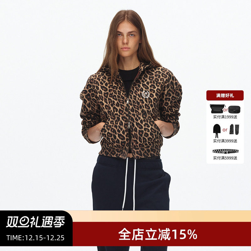 ECHOADE插肩袖豹纹短款连帽卫衣