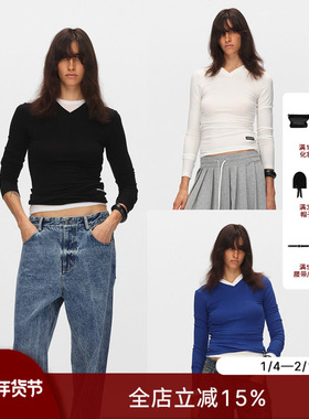 ECHOADE经典时髦 天丝羊毛混纺柔软舒适 小V领设计l修身长袖T恤