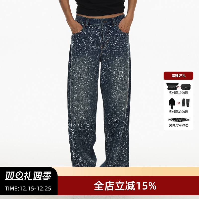 ECHOADE经典时髦 精选优质100%棉宽松中低腰版型星空烫钻牛仔裤