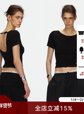 ECHOADE柔软舒适 甄选含羊绒材质 大开口领型露背设计收腰短袖T恤