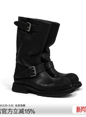 ECHOADE复古时髦 做旧成色处理 宽厚大圆头设计牛皮中筒靴子