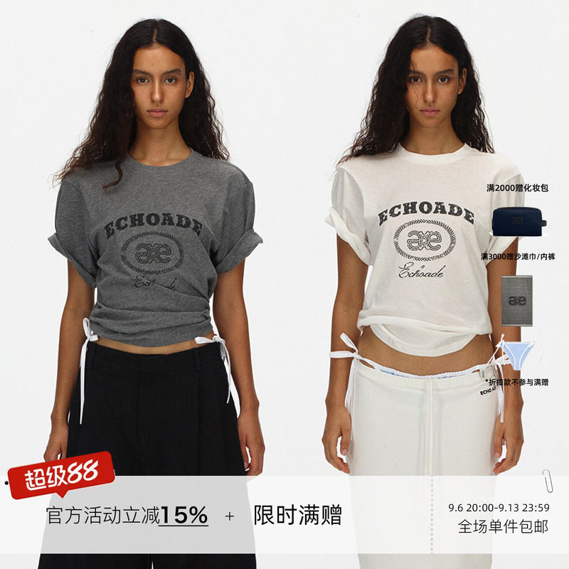 ECHOADE软糯亲肤 轻薄棉麻圆领短袖T恤复古印花正肩短款上衣图片
