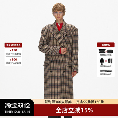 ECHOADE千鸟格长款羊毛西装大衣