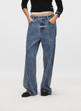 ECHOADE经典高实用 自然炒雪花微做旧水洗中低腰设计阔腿牛仔长裤