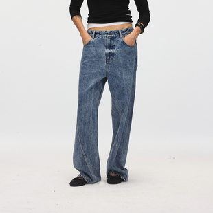 自然炒雪花微做旧水洗中低腰设计阔腿牛仔长裤 ECHOADE经典 高实用
