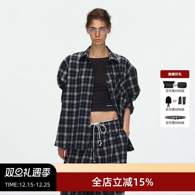 ECHOADE甄选100%棉 经典翻领设计LOGO刺绣宽松蓝格纹长袖廓形衬衫