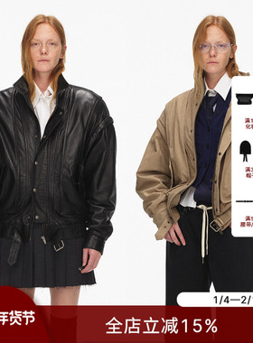 ECHOADE 精致利落 立领落肩宽松廓形夹棉阔肩飞行员皮夹克外套