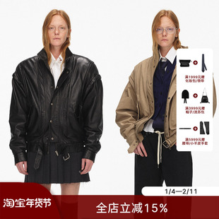 ECHOADE 精致利落 立领落肩宽松廓形夹棉阔肩飞行员皮夹克外套