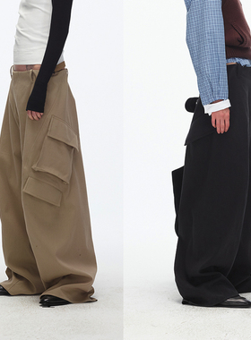 ECHOADE精选斜纹挺阔材质 弧形阔腿中低腰宽松立体感工装休闲裤