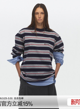 ECHOADE百搭宽松经典圆领慵懒条纹长袖T恤女设计感早春新款上衣