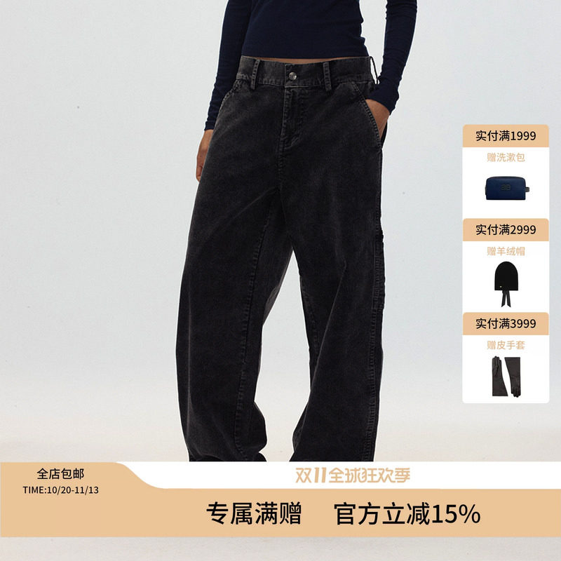 ECHOADE 美式复古 大口袋设计水洗磨白做旧工装直筒灯芯绒休闲裤